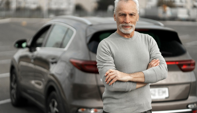 Happy,Senior,Man,Driver,In,Casual,Clothes,,Smiles,Looking,At